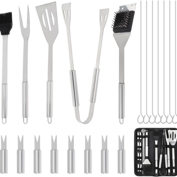20PCS Stainless Steel BBQ Grill Tools Set with Spatula, Tongs, Fork, Skewers, Thermometer & Storage Bag
