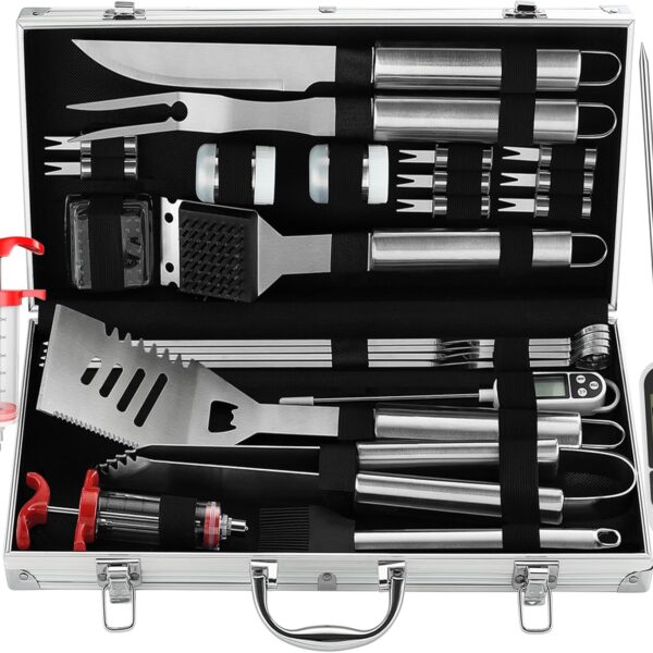 24PCS BBQ Grill Tools Set with Thermometer and Injector, Thick Stainless Steel, Complete BBQ Accessories
