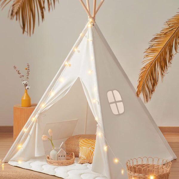 Kids Teepee Tent, 100 Cotton, with Padded Mat, Star Lights, Foldable, Carry Bag