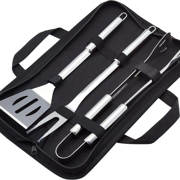 4 Piece Stainless Steel BBQ Grilling Tool Set with Carry Bag, Rust Resistant, Dishwasher Safe